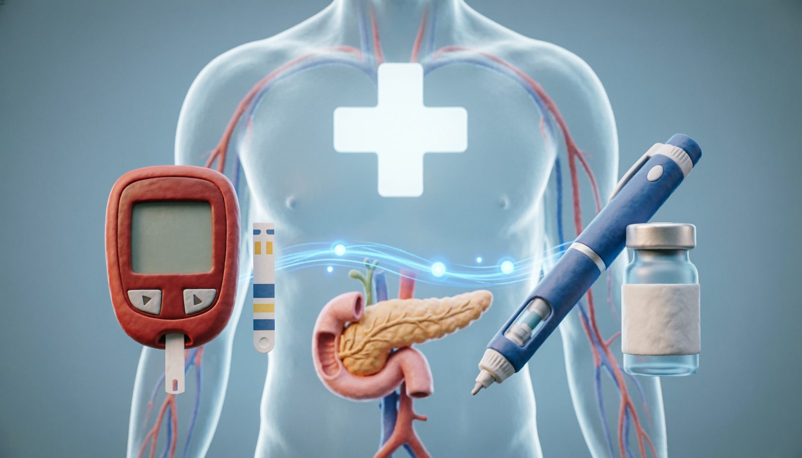 Representação de um corpo humano em transparência com o pâncreas em destaque, ao lado de um medidor de glicemia com tira-teste, uma caneta de insulina e um frasco de insulina.